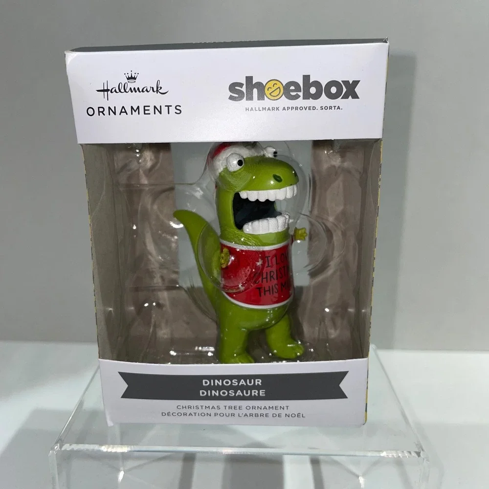 Hallmark Shoebox Christmas Ornament Dinosaur T-Rex Santa Hat Funny Green Red